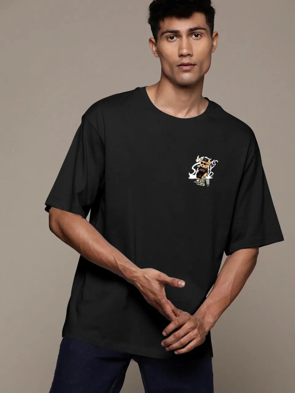 Men’s Black Oversized Graphic T-Shirt | Skate Bear Streetwear Back Print Tee