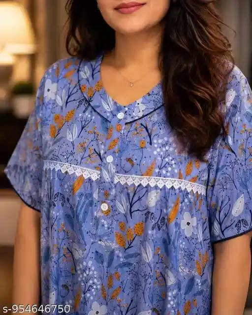 Women Printed Full Length Nighty for Women Floral Print Maxi Night Dress Round Neck Front Button Half Sleeve Ladies Housewear Sleepwear Lounge Gown Regular Fit Nightwear