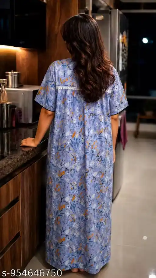 Women Printed Full Length Nighty for Women Floral Print Maxi Night Dress Round Neck Front Button Half Sleeve Ladies Housewear Sleepwear Lounge Gown Regular Fit Nightwear