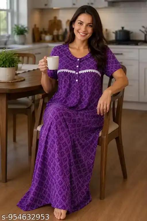 Women’s Printed Full Length Cotton Nighty for Women Front Button Round Neck Half Sleeve Maxi Nightdress Lounge Gown Sleepwear Housewear Relax Fit Ankle Length Night Gown for Ladies