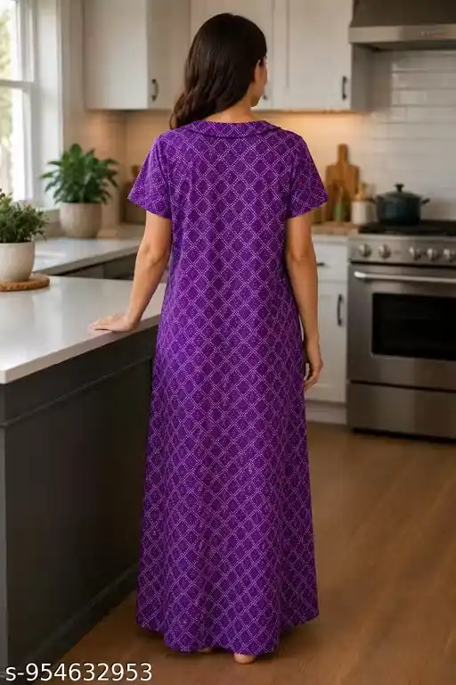 Women’s Printed Full Length Cotton Nighty for Women Front Button Round Neck Half Sleeve Maxi Nightdress Lounge Gown Sleepwear Housewear Relax Fit Ankle Length Night Gown for Ladies