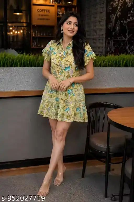 Women Floral Printed Yellow Mini Dress w...
