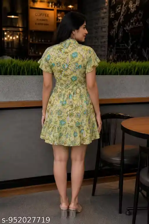 Women Floral Printed Yellow Mini Dress with Shirt Collar Button Front Ruffle Sleeve A Line Short Dress Casual Party Wear Stylish Western Dress for Girls and Women