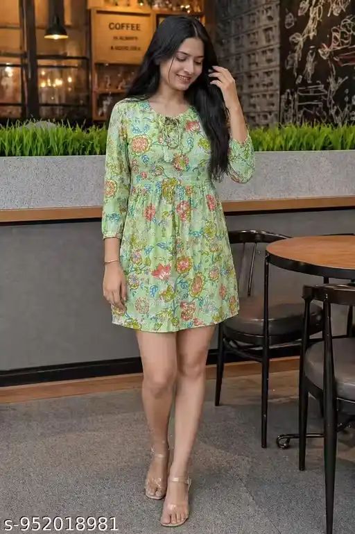 Women Floral Printed Green Mini Dress wi...