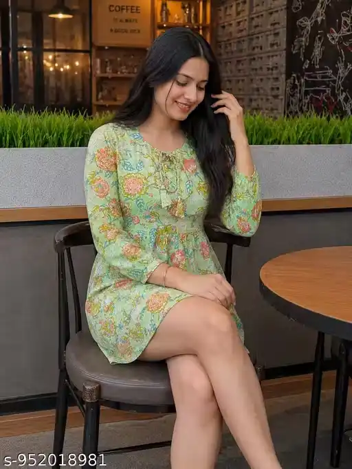 Women Floral Printed Green Mini Dress with Round Neck Tie-Up Detail Three Quarter Sleeves A Line Short Dress Casual Party Wear Stylish Western Dress for Girls and Women