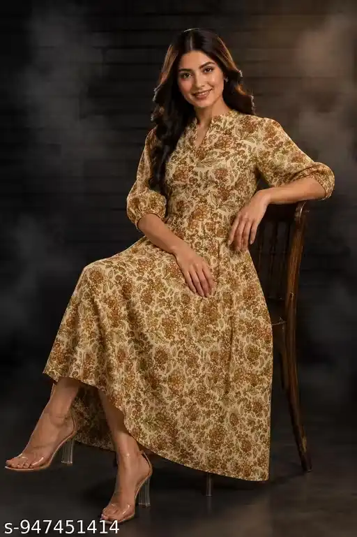 Women Floral Printed Anarkali Midi Dress with Puff Sleeves V Neck Flared A Line Ethnic Western Dress Stylish Party Wear Long Dress for Girls and Women