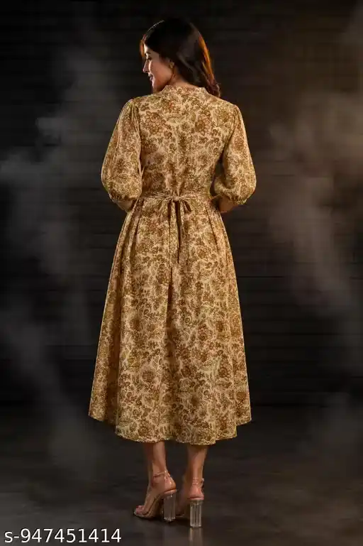 Women Floral Printed Anarkali Midi Dress with Puff Sleeves V Neck Flared A Line Ethnic Western Dress Stylish Party Wear Long Dress for Girls and Women