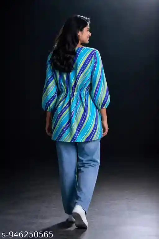 Women Multicolor Printed Kaftan Top with Tie-Up Waist | Stylish Loose Fit Kaftan Tunic for Women | Trendy Stripe Pattern Western Kaftan Kurti Top for Jeans, Trousers & Casual Fashion Styling