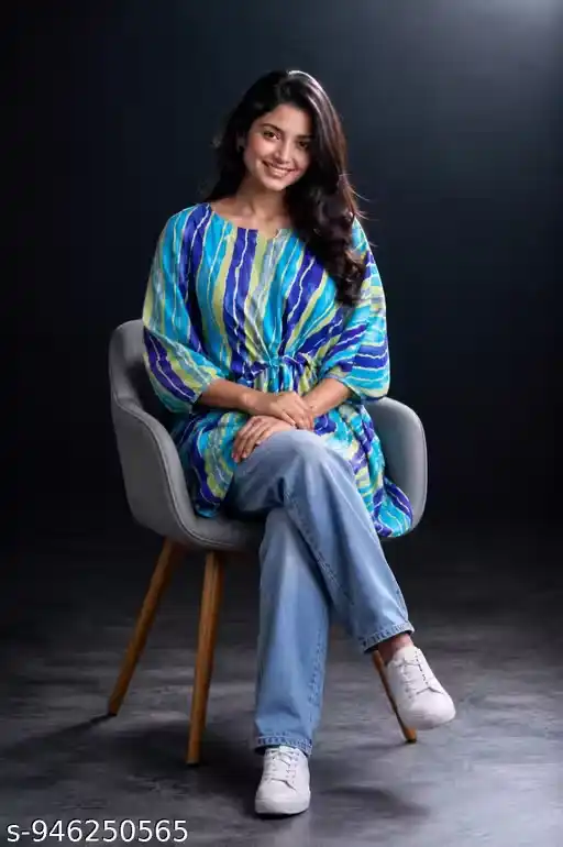 Women Multicolor Printed Kaftan Top with Tie-Up Waist | Stylish Loose Fit Kaftan Tunic for Women | Trendy Stripe Pattern Western Kaftan Kurti Top for Jeans, Trousers & Casual Fashion Styling