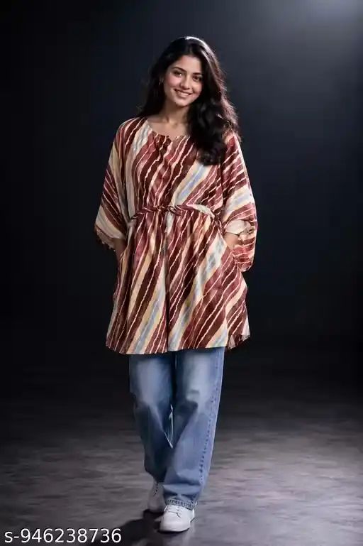 Women Printed Kaftan Top with Stripe Pat...