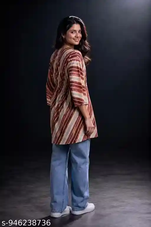 Women Printed Kaftan Top with Stripe Pattern | Loose Fit Stylish Kaftan Tunic for Women | Casual Western Kaftan Top with Wide Sleeves | Trendy Long Kaftan Kurti Top for Jeans & Sneakers Look