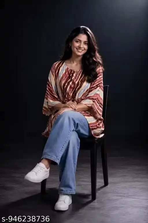 Women Printed Kaftan Top with Stripe Pattern | Loose Fit Stylish Kaftan Tunic for Women | Casual Western Kaftan Top with Wide Sleeves | Trendy Long Kaftan Kurti Top for Jeans & Sneakers Look