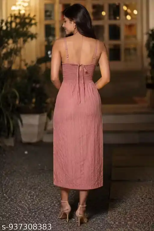 Women Solid Dusty Peach Bodycon Midi Dress with Side Slit | Sleeveless Shoulder Strap One Piece Western Dress for Party, Birthday & Clubwear