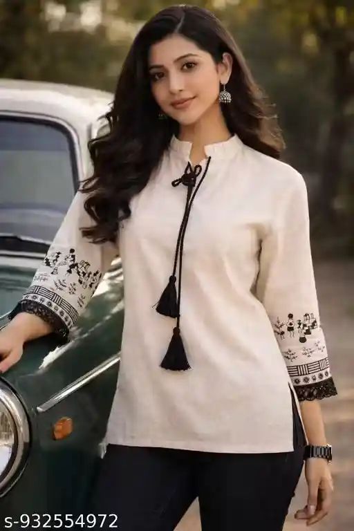 Women Cotton Slub Embroidered Short Kurt...