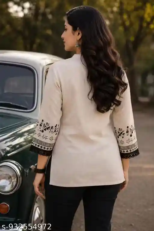Women Cotton Slub Embroidered Short Kurti Top | Mandarin Collar Tassel Neck Kurti | 3/4 Printed Sleeve Casual Ethnic Tunic for Women & Girls | Beige Black Tribal Print Kurta Top
