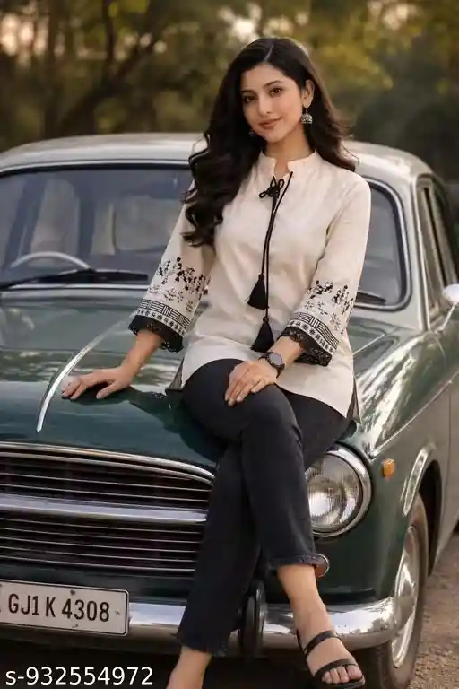 Women Cotton Slub Embroidered Short Kurti Top | Mandarin Collar Tassel Neck Kurti | 3/4 Printed Sleeve Casual Ethnic Tunic for Women & Girls | Beige Black Tribal Print Kurta Top