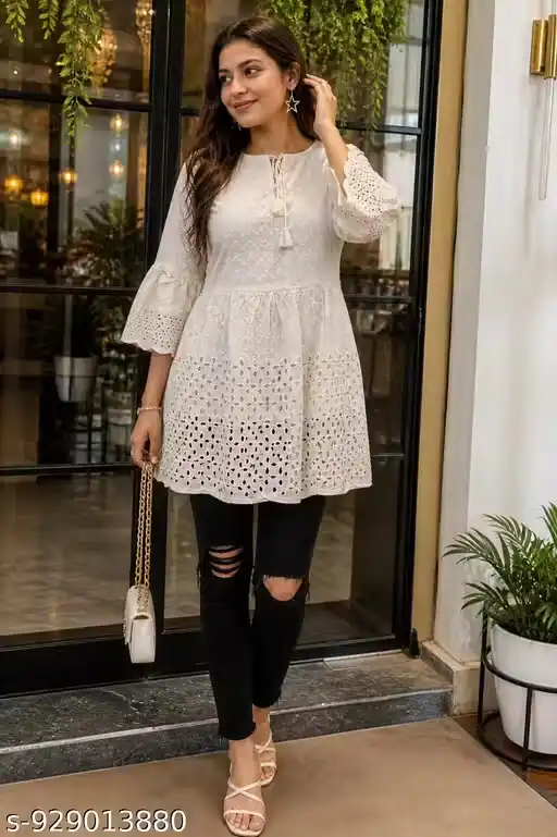 Women Cotton Slub Top | Casual Printed Short Kurti Top for Women | Summer Wear Tunic Top | Round Neck / V Neck Stylish Top | 3/4 Sleeve Daily Wear Top | Office Wear Top for Girls | Trendy Ethnic Western Top