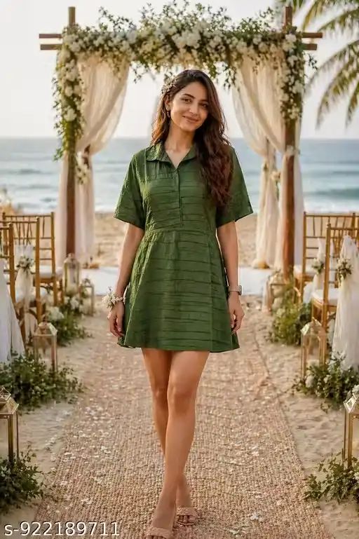 Olive Green Textured Short One Piece Dre...