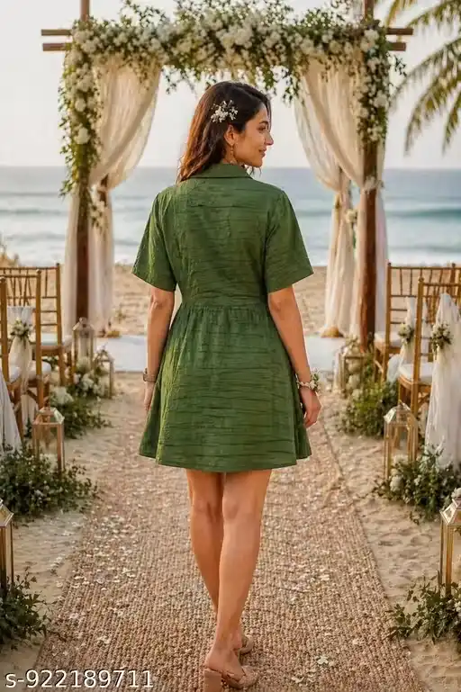 Olive Green Textured Short One Piece Dress for Women – Shirt Collar Mini Dress with Half Sleeves, A-Line Flare Fit, Beach Vacation Outfit, Resort Wear, Summer Casual Dress, Lightweight Cotton Blend Short Dress