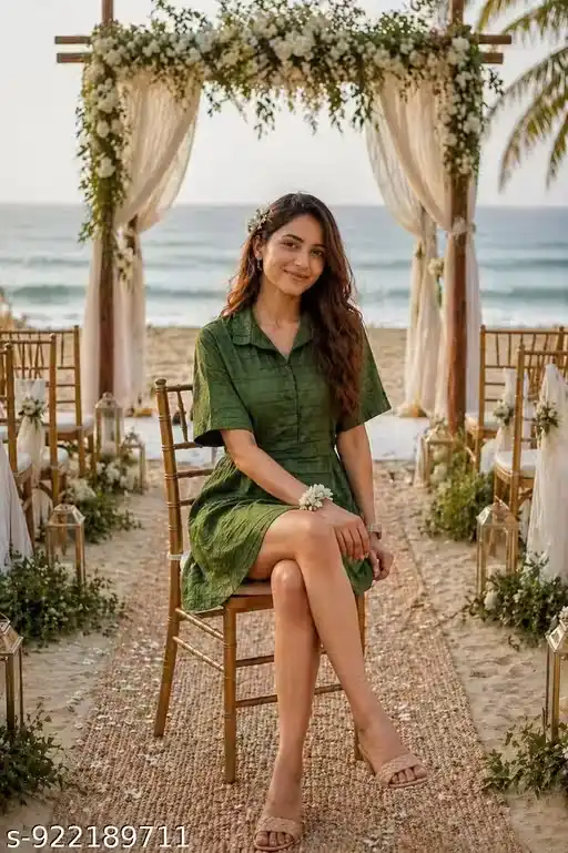 Olive Green Textured Short One Piece Dress for Women – Shirt Collar Mini Dress with Half Sleeves, A-Line Flare Fit, Beach Vacation Outfit, Resort Wear, Summer Casual Dress, Lightweight Cotton Blend Short Dress
