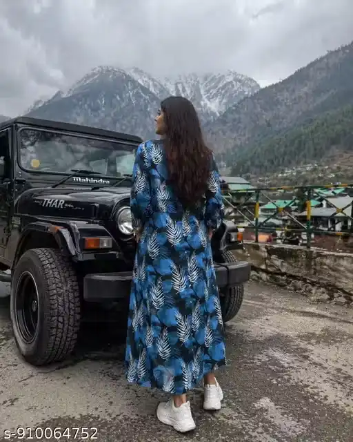 Women Blue Leaf Print Midi Kurti Dress with Front Button Placket, V-Neck Long Sleeve Cotton Blend Kurta, Travel Wear Outfit with Side Slit, Resort Style Midi Dress with Pockets, Street Style Kurti Dress for Women
