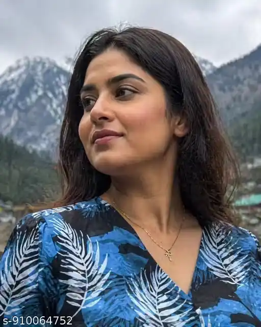 Women Blue Leaf Print Midi Kurti Dress with Front Button Placket, V-Neck Long Sleeve Cotton Blend Kurta, Travel Wear Outfit with Side Slit, Resort Style Midi Dress with Pockets, Street Style Kurti Dress for Women