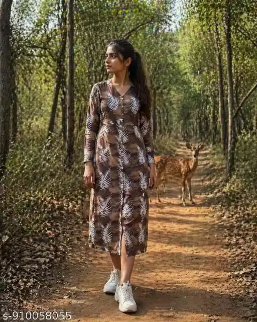 Women Brown Leaf Print Midi Kurti Dress...
