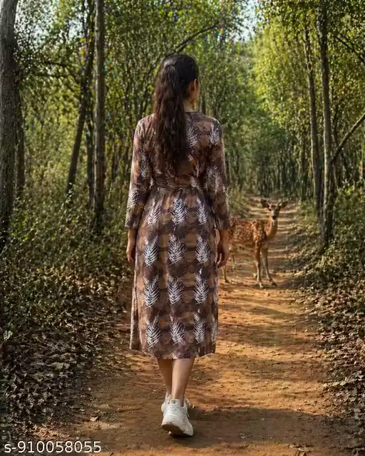 Women Brown Leaf Print Midi Kurti Dress with Front Button Placket, V-Neck Long Sleeve Cotton Blend Kurta, Forest Theme Outfit, Travel Wear Midi Dress with Front Slit, Casual Resort Style Kurti Dress for Women