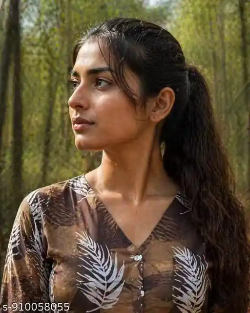 Women Brown Leaf Print Midi Kurti Dress with Front Button Placket, V-Neck Long Sleeve Cotton Blend Kurta, Forest Theme Outfit, Travel Wear Midi Dress with Front Slit, Casual Resort Style Kurti Dress for Women