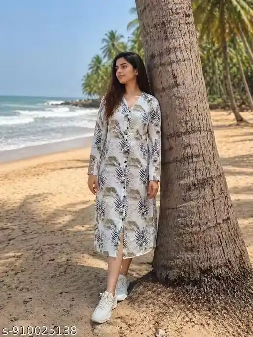 Women Leaf Print Midi Kurti Dress with F...