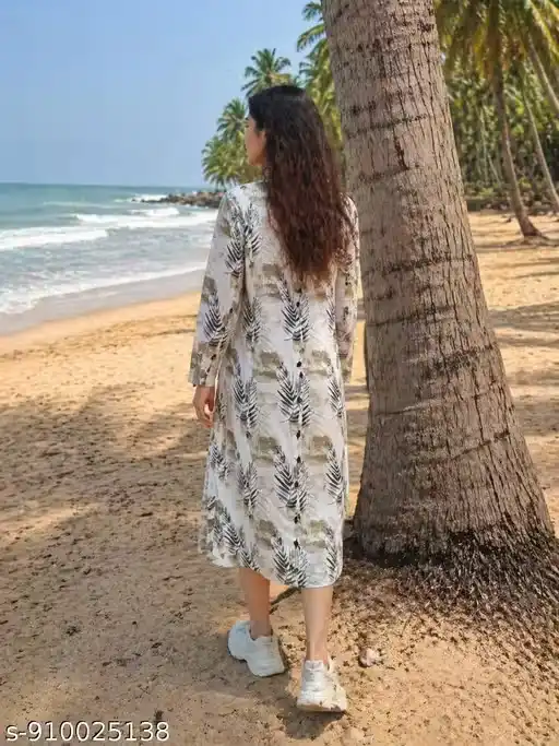 Women Leaf Print Midi Kurti Dress with Front Button Placket, V-Neck Long Sleeve Cotton Blend Beachwear Kurta, Vacation Resort Wear Outfit with Side Slit, Casual Summer Midi Dress with Sneakers Styling
