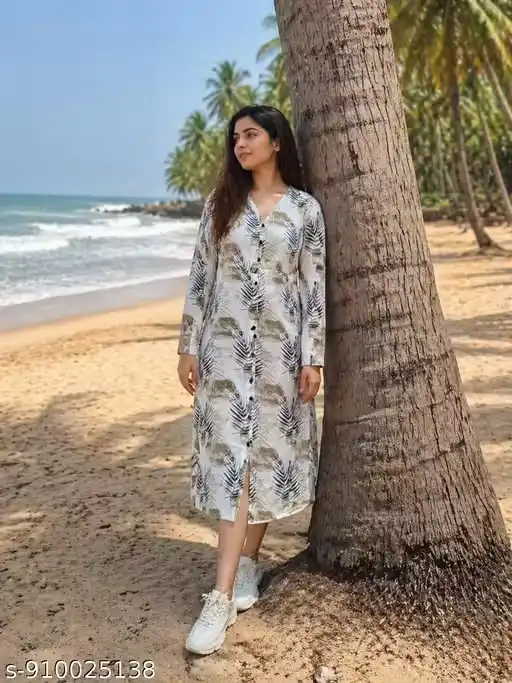 Women Leaf Print Midi Kurti Dress with Front Button Placket, V-Neck Long Sleeve Cotton Blend Beachwear Kurta, Vacation Resort Wear Outfit with Side Slit, Casual Summer Midi Dress with Sneakers Styling