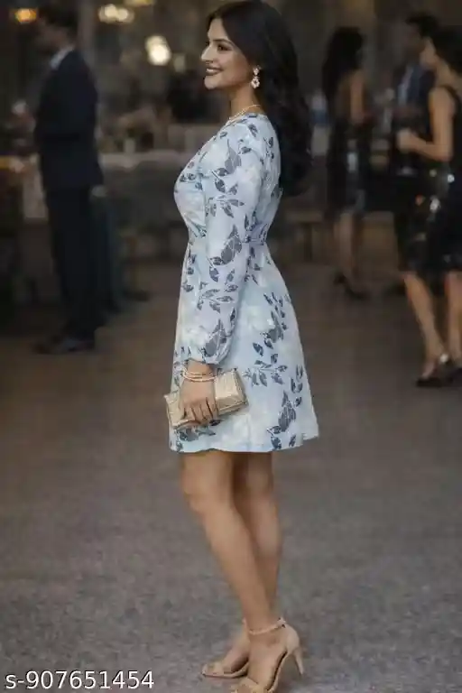 Women’s Blue Floral Printed Mini Dress with Corset Fit Waist, V-Neck Wrap Style, Long Sleeves, Fit & Flare Short Dress, Party Wear Western Outfit for Women, Cocktail Dress, Date Night, Birthday, Club Wear