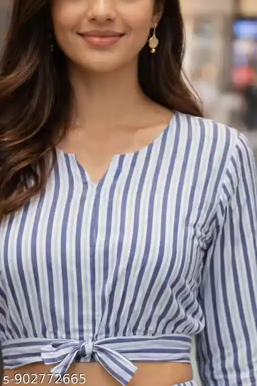 Women Blue White Vertical Striped Co-Ord Set with Tie-Up Corset Crop Top & High Waist Wide Leg Palazzo Pants | Three Quarter Sleeve V-Neck Front Knot Top Matching Set for Casual Outings, Travel, Shopping & Resort Wear
