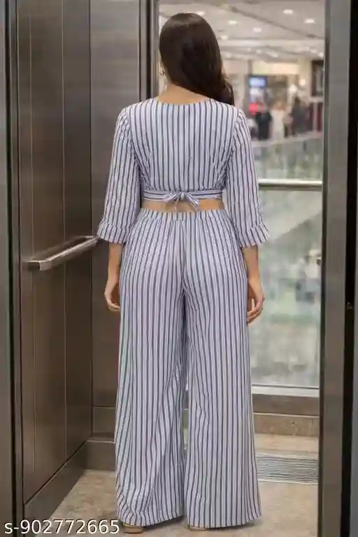 Women Blue White Vertical Striped Co-Ord Set with Tie-Up Corset Crop Top & High Waist Wide Leg Palazzo Pants | Three Quarter Sleeve V-Neck Front Knot Top Matching Set for Casual Outings, Travel, Shopping & Resort Wear