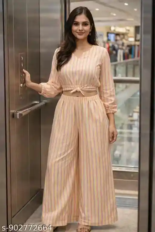 Women’s Vertical Stripe Co-Ord Set with Tie-Up Crop Top and High Waist Wide Leg Palazzo Pants | V-Neck 3/4 Sleeve Top | Pastel Stripe Matching Set for Casual Outings, Travel, Shopping, Brunch Wear
