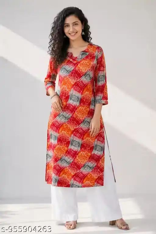Women Abstract Printed Straight Long Kur...