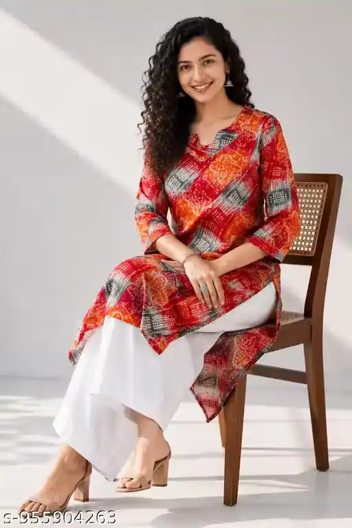 Women Abstract Printed Straight Long Kurti | Ethnic Round Neck 3/4 Sleeve Casual Festive Office Traditional Kurta for Women