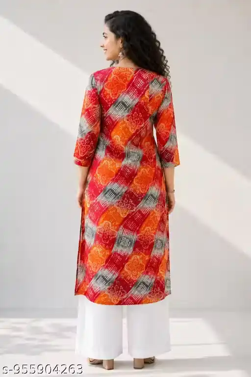 Women Abstract Printed Straight Long Kurti | Ethnic Round Neck 3/4 Sleeve Casual Festive Office Traditional Kurta for Women