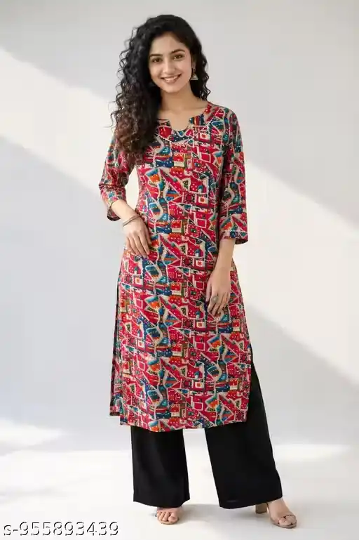 Women Geometric Abstract Printed Straight Long Kurta | Ethnic Round Neck 3/4 Sleeve Casual Festive Traditional Office Kurti for Women