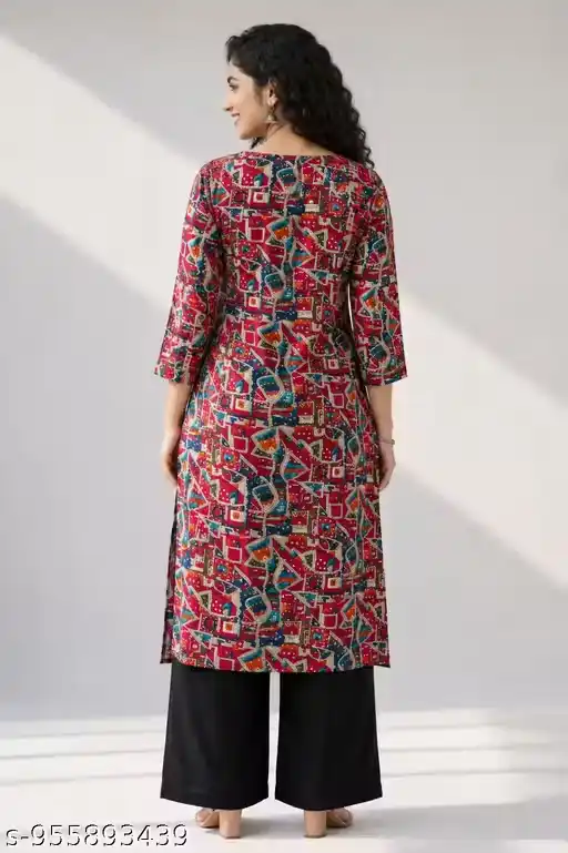 Women Geometric Abstract Printed Straight Long Kurta | Ethnic Round Neck 3/4 Sleeve Casual Festive Traditional Office Kurti for Women