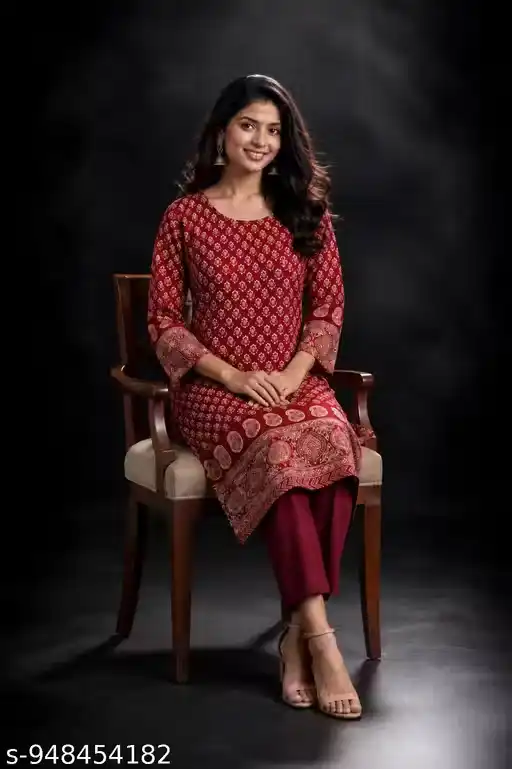 Women Printed Straight Kurti for Women Ethnic Kurta Traditional Printed Kurta Three Quarter Sleeve Casual Wear Office Wear Festival Wear Stylish Long Kurti Latest Designer Ethnic Wear for Women Round Neck Kurta