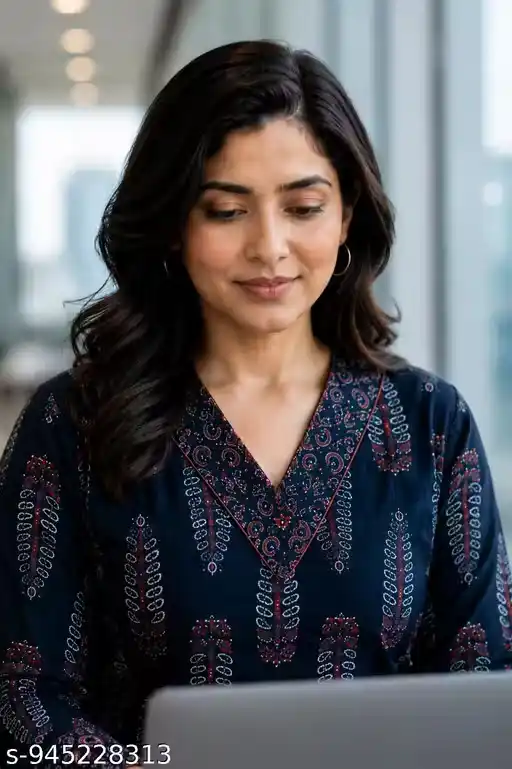 Women Pure Cotton Ajrakh Printed Navy Blue Kurti Style Shirt with Palazzo Set V Neck Ethnic Office Wear Long Kurta Top Three Quarter Sleeve Traditional Fusion Outfit for Girls and Women