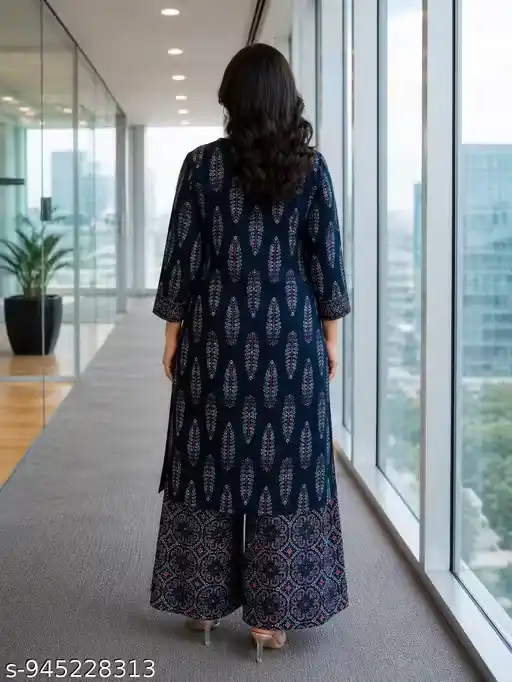 Women Pure Cotton Ajrakh Printed Navy Blue Kurti Style Shirt with Palazzo Set V Neck Ethnic Office Wear Long Kurta Top Three Quarter Sleeve Traditional Fusion Outfit for Girls and Women