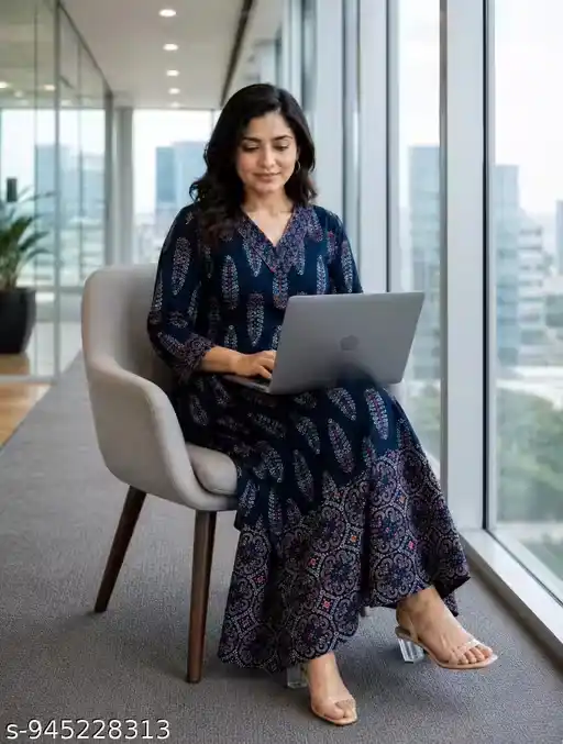 Women Pure Cotton Ajrakh Printed Navy Blue Kurti Style Shirt with Palazzo Set V Neck Ethnic Office Wear Long Kurta Top Three Quarter Sleeve Traditional Fusion Outfit for Girls and Women