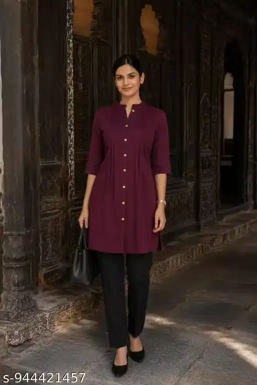 Women Solid Wine Kurti Style Shirt for O...