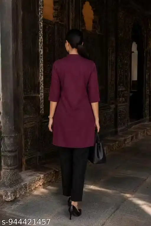 Women Solid Wine Kurti Style Shirt for Office Wear Front Button Long Tunic Top Mandarin Collar Pleated Kurta Shirt Three Quarter Sleeve Casual Formal Ethnic Western Top for Girls
