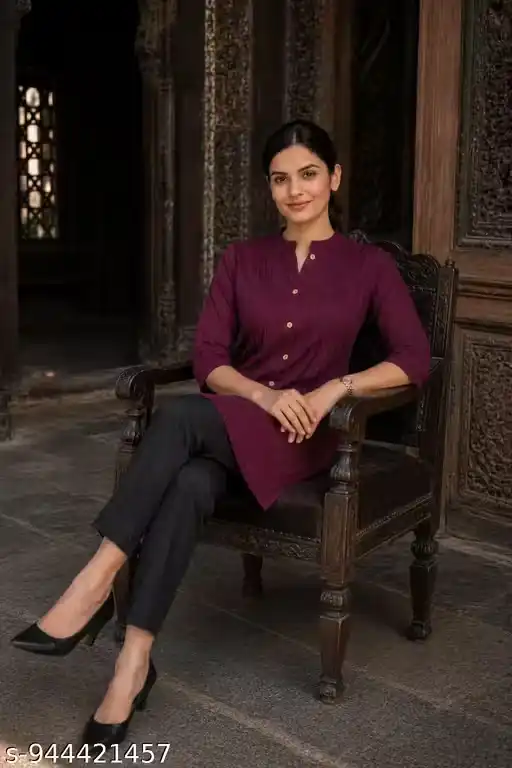 Women Solid Wine Kurti Style Shirt for Office Wear Front Button Long Tunic Top Mandarin Collar Pleated Kurta Shirt Three Quarter Sleeve Casual Formal Ethnic Western Top for Girls