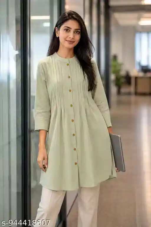 Women Solid Pastel Green Kurti Style Shirt for Women Office Wear Round Neck Button Front Pleated Long Top Three Quarter Sleeve Casual Formal Tunic Kurta Top for Girls