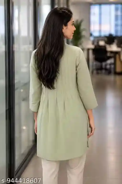 Women Solid Pastel Green Kurti Style Shirt for Women Office Wear Round Neck Button Front Pleated Long Top Three Quarter Sleeve Casual Formal Tunic Kurta Top for Girls